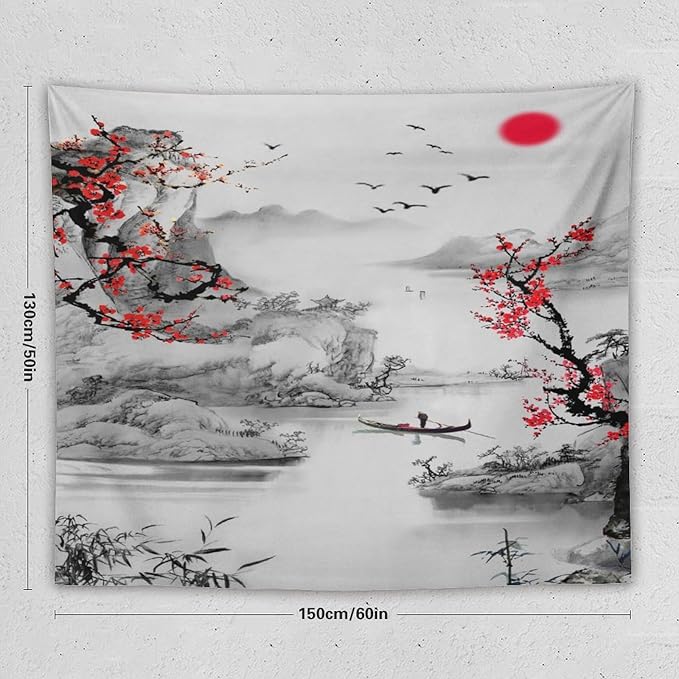 Cherry Blossoms Tapestry,Japanese Red Landscape Watercolor Abstract Art Tapestry,Asian Japanese Wall Tapestry, Nature Landscape Tapestries for Bedroom Living Room Decor 60"x50"