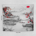 Cherry Blossoms Tapestry,Japanese Red Landscape Watercolor Abstract Art Tapestry,Asian Japanese Wall Tapestry, Nature Landscape Tapestries for Bedroom Living Room Decor 60"x50"