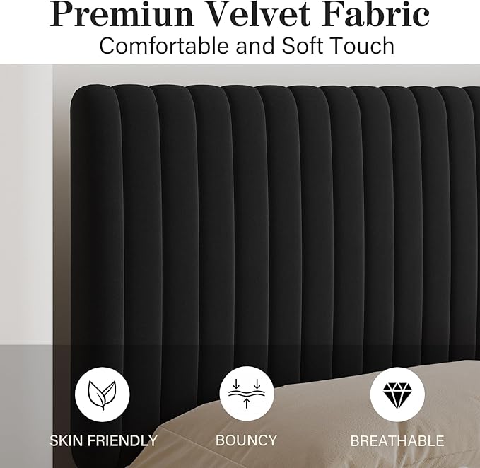 Full Size Bed Frame, Velvet Upholstered Platform Bed with Vertical Channel Tufted Headboard and Footboard, No Box Spring Required, Easy Assembly, Black