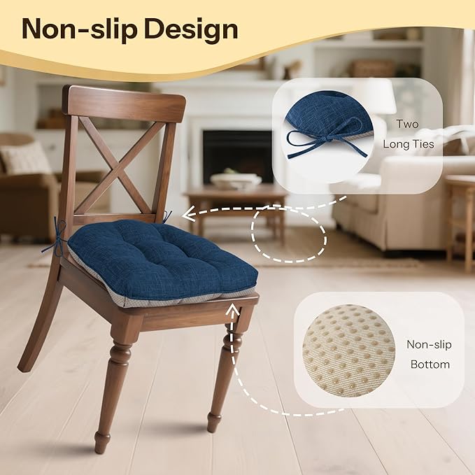 Non Slip Chair Cushions for Dining Chairs Set of 4 Kitchen Chair Cushions 18"x18"x3" Turfted Chair Pads Comfortable and Soft Seat Cushion with Ties, Navy