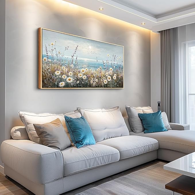 PHAOHUAXM Large Canvas Wall Decoration For Living Room Wall Art For Bedroom Office Decorations Blue Ocean Paintings Flowers Watercolour Wall Pictures Canvas Artworks Home Decor Wood Framed 24x48 In