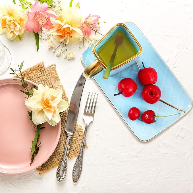 Zubebe 1 Set Coffee Mug Elegant Handbag Shaped Cup Modern Ceramic Purse Mug with Spoon and Saucer, 10oz Cute Creative Tea Cup for Office Home Woman Girls Gift (Blue)