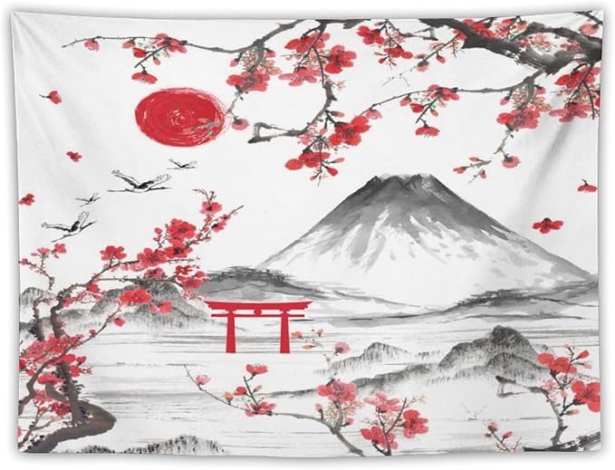 Red Cherry Blossoms Tapestry, Japanese Fuji Mountain Tapestry, Asian Japanese Wall Tapestry, Nature Landscape Tapestries for Bedroom Living Room Decor 90"x60"