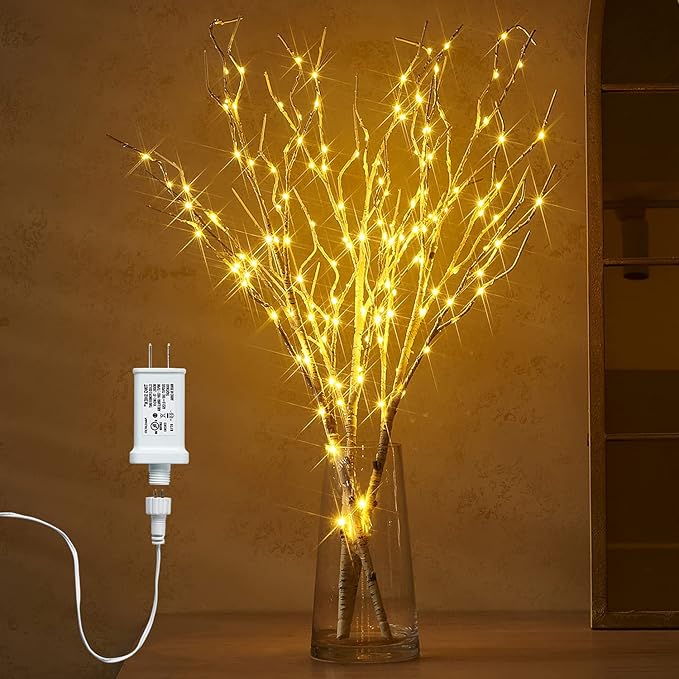 Fudios Lighted Branches 150 LED Fairy Lights with Timer 32in Plug in, Electric Lit White Birch Twigs for Vase Christmas Inside Outside Decor 1 Set