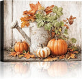 Autumn Pumpkin and Watering Can Canvas Wall Art, Rustic Fall Leaves Print Farmhouse Picture for Thanksgiving Decorations, Fall Wall Art Decor Ready to Hang