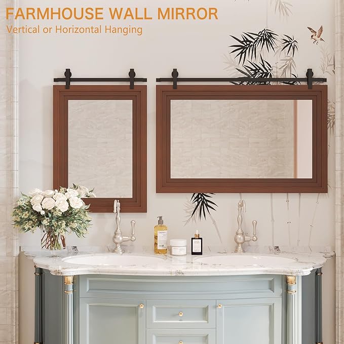 ALBAD Farmhouse Wood Framed Wall Mirror, Natural Wood and Framed Wall Mounted Bathroom Vanity Mirror for Farmhouse Decor, Vertical or Horizontal Hanging