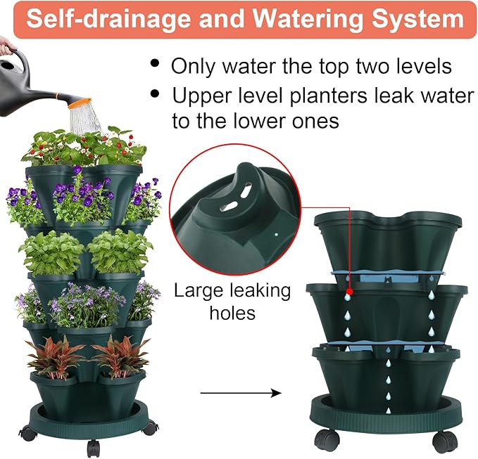 Vertical Planter 5 Tier Stackable Planters Garden Planters Strawberry Herb Flower and Vegetable Planter Indoor Outdoor Gardening Pots with Removable Wheels and Tools