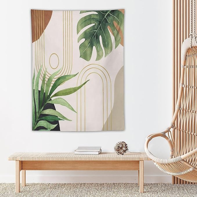 Abstract Boho Tapestry, Mid Century Tropical Tree Leaves Modern Geometric Arch Bohemian Botanical Tapestry, Home Aesthetic Wall Hanging Art Decor for Living Room Bedroom Dormitory 40x60 Inch