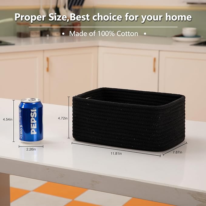 4 Pack Small Storage Shelf Baskets for Organizing, Mini Woven Rope Storage Bins for Towels, Cute Decorative Closet Organizer，Baby Nursery, Gift Empty Baskets -11.81''Lx7.87''Wx4.72''H-Black