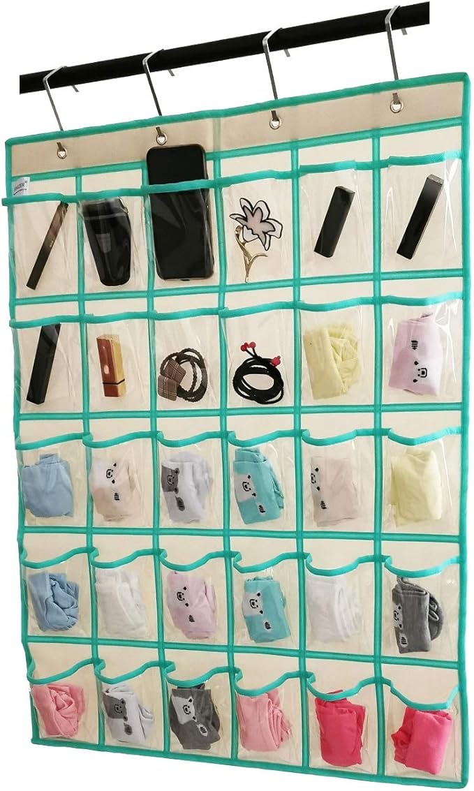 Classroom Pocket Chart for Phone Calculator Holder Over The Door Hanging Closet Jewelry Organizer with 30 Clear Pockets (BEIGE)