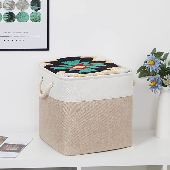 Bidtakay Fabric Storage Baskets for Organizing Beige 13 Inch Collapsible Square Baskets 3 Pack Organization Bins Large Cube Storage Bins Closet Baskets for Shelves Clothes