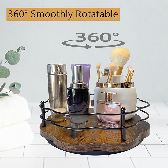 2 Pack, 11" & 12" Wooden Lazy Susan Turntable with Higher Metal Sides, 360° Rotating Lazy Susan Organization and Storage for Cabinet, Table Top, Kitchen, Countertop, Dining Table, Pantry, Coffee Bar