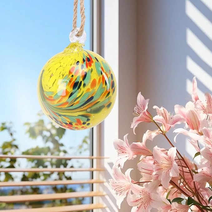 VCUTEKA Hanging Garden Gazing Ball, Hand-Blown Glass Witch Ball for Outdoor Garden Décor, 6" Yellow Swirl