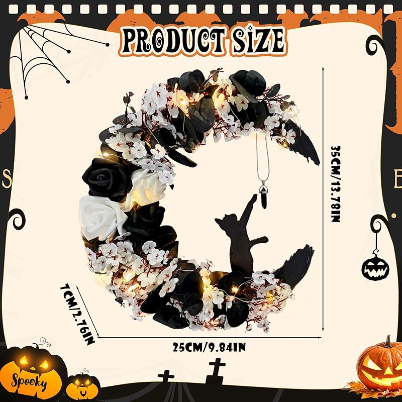 Halloween Wreaths for Front Door with Light, Black Cat Crescent Moon Wreath, Cute Cat Garland Halloween Door Decorations for Outdoor Indoor Decor Wall Window Home Party