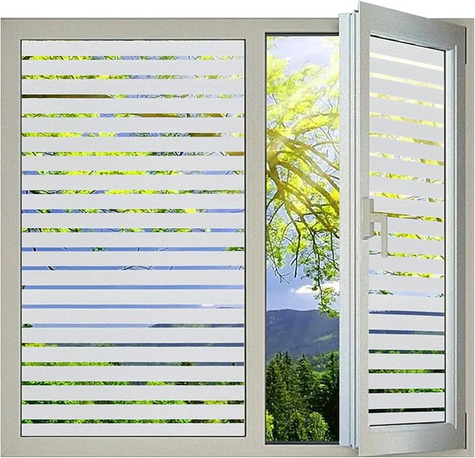 Window Privacy Film with Installation Tools, Stripe Window Film, Static Cling, Anti UV, Heat Control, Ideal for Home Shower Office Glass Door (Stripes Pattern, 29.6X157.4Inch)