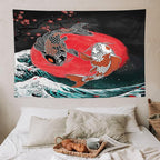 Houselerax Koi Fish Tapestries,Japanese Style Yin Yang Big Wave Cherry Blossoms Tapestry Wall Hanging for Bedroom Living Room Office Decor 60"x40"