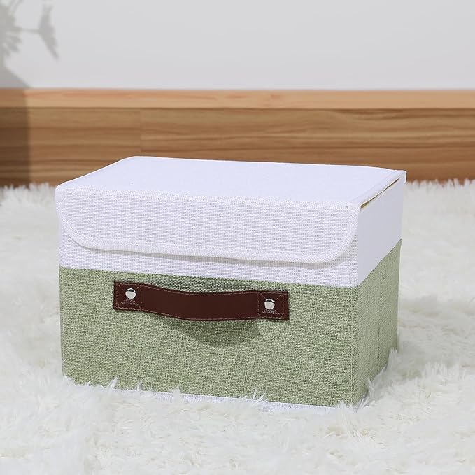 ANMINY Storage Boxes with Lids Washable Decorative Storage Bins Basket with PU Leather Handle Foldable Linen Fabric Storage Cubes Containers for Home Closet Organizer - Green White, Small Size