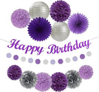 Purple Silver Birthday Party-Decorations Paper-Flowers - 14pcs Happy Banner Lavender Lanterns Tissue Pom Poms,Lilac Streamers Garland Fans,Women Girls Adult Kids Office Hanging Supplies Decor Hugfond