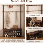 Hall Tree, Coat Rack with Shoe Storage, Wooden Hall Tree with Bench, 11 Hooks and 2-Tier Storage Shelves, Entryway Bench with Coat Rack (39.3" - Deep Walnut)