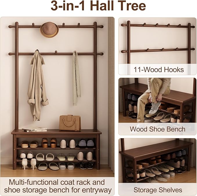 Hall Tree, Coat Rack with Shoe Storage, Wooden Hall Tree with Bench, 11 Hooks and 2-Tier Storage Shelves, Entryway Bench with Coat Rack (39.3" - Deep Walnut)