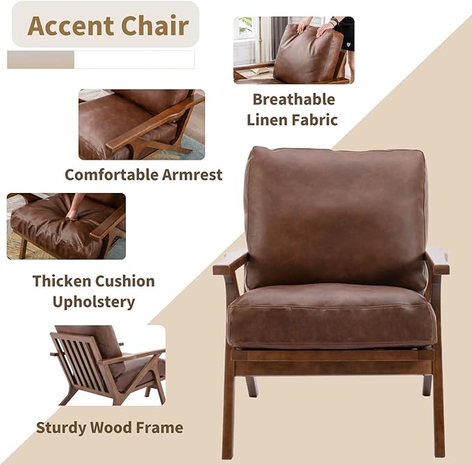 HNY Mid Century Arm Chairs Set of 2, Retro Accent Armchair with Wood Frames & Faux Leather Upholstered Removable Cushions, Leisure Reading Chair Slipper Chair for Living Room Bedroom, Brown