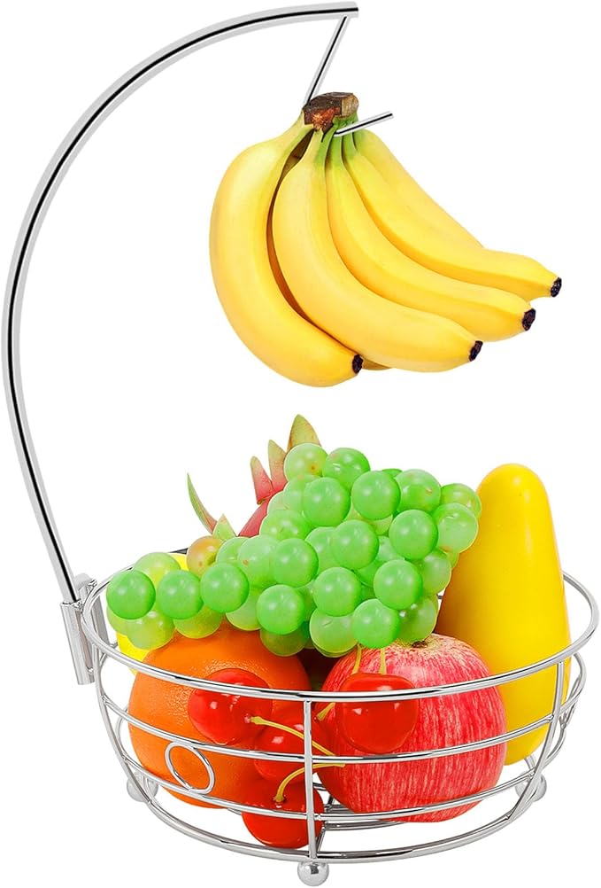 Livabber Countertop Fruit Basket Bowl with Banana Hanger, Modern Standing Fruit Vegetable Bowl Storage, with Banana Tree Holder for Kitchen Dinning Table (Round Metal, Chrome)