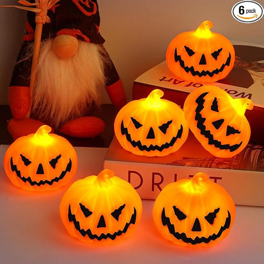 6 Pack Halloween Pumpkin Flameless Candles Battery Operated LED Tealight Candles for Home Room Decorations, Light Up Halloween Decorations Indoor for Table Party Office Fireplace