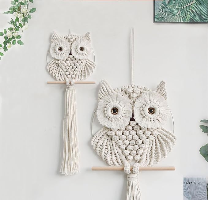 Achart Owl Macrame Wall Hanging-Hand Woven Boho Tapestry-Macrame Wall Decor -Owl Decor for Bedroom, Living Room, Nursery (Beige-Small)