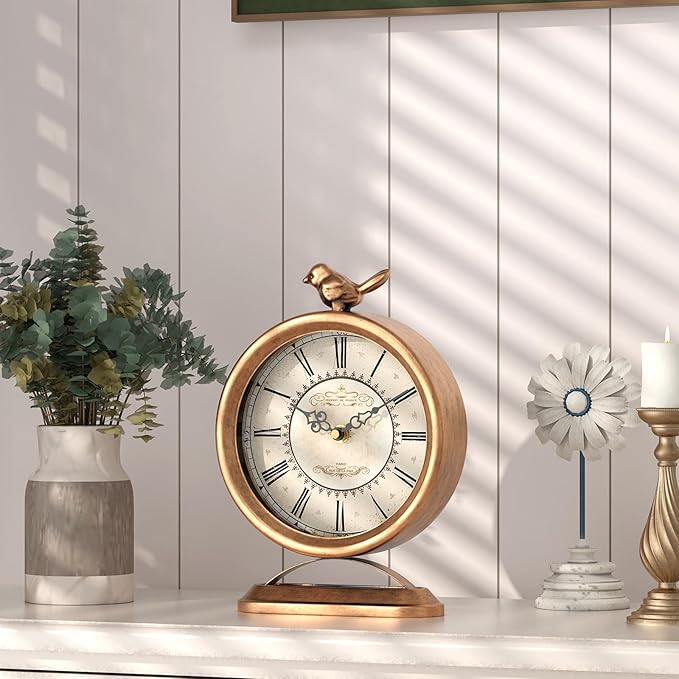 Vintage Table Clock with Bird, European Antique Style Gold Mantel Clocks, Desk and Shelf Decor Clock, for Farmhouse, Bedside, Living Room, Bedroom, Gift (9" H x 6.5" W)