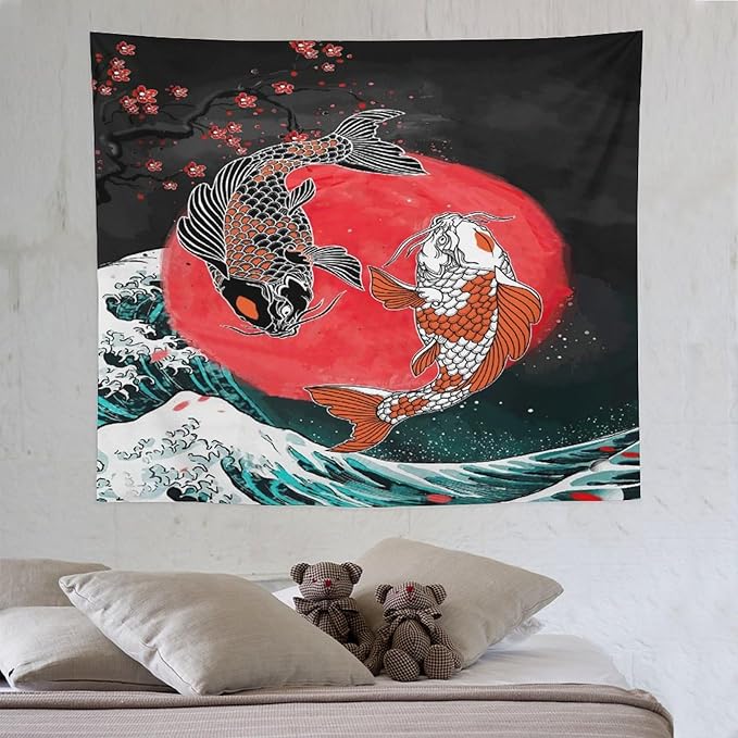 Houselerax Koi Fish Tapestries,Japanese Style Yin Yang Big Wave Cherry Blossoms Tapestry Wall Hanging for Bedroom Living Room Office Decor 60"x50"
