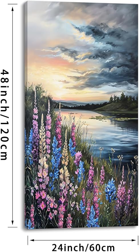 LASMOND Beautiful Colorful Grassland by Riverbank Landscape Wall Art Decor Artwork for Bedroom (24x48 Inches)