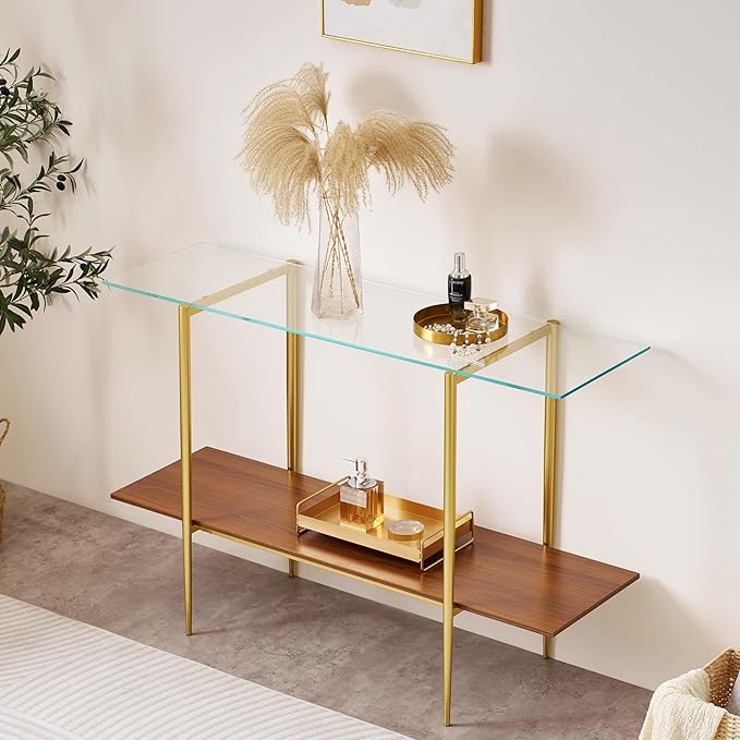 Extra Large Glass Console Table for Living Room, Foyer & Entrance, L47 x W16 x H31, Mid-Century Modern Sofa Table with Clear Glass Top, Walnut Finish Wood Top and Gold Finish Metal Frame