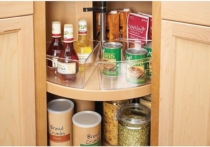 Oubonun Lazy Susan Organizers Set of 4, 10.2”x 9.4”x 4” Plastic Transparent Kitchen Cabinet Storage Bins with Handle, 4" Deep Container, 1/8 Wedge - Food Safe, without BPA