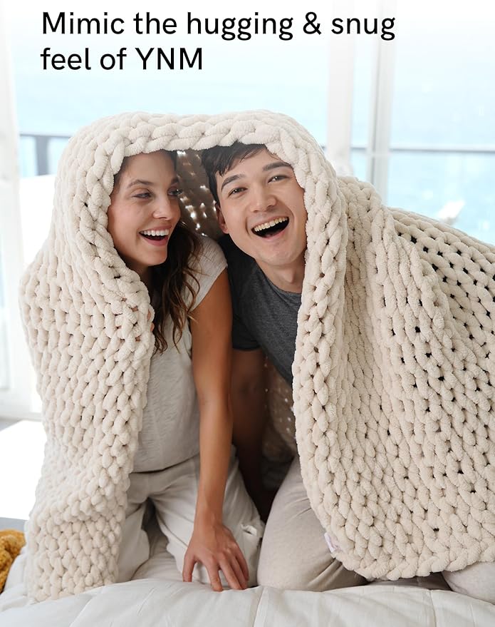 YnM Chunky Throw Blanket, Medium-Weight, Hand Knitted with Chenille Yarn, Skin Friendly, Ventilated and Breathable, Machine Washable, Home Décor Piece for Couch Sofa and Bed (Butter Cream, 80x87 Inch)