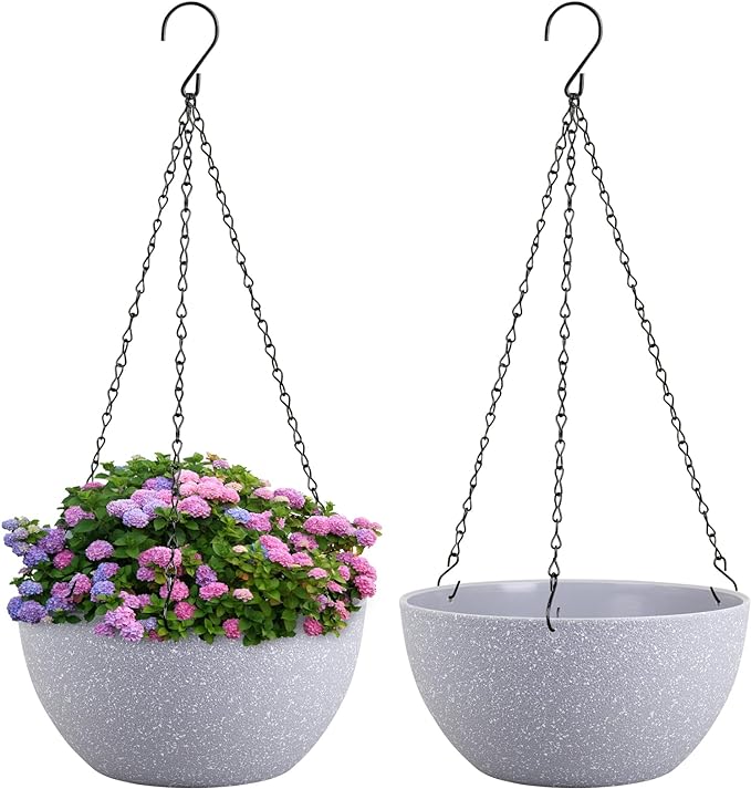 8 inch Small Hanging Planters for Indoor Outdoor Plants, 2 Pack Hanging Flower Pots with Drainage Holes and Chain for Garden Porch, Plastic Hanging Baskets for House Plants, Speckled Grey