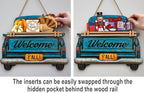 Interchangeable Welcome Sign for Front Door Blue Farmhouse Truck Decor Hanging Sign with 11 Interchangeable Seasonal and Holiday Decor Signs 12x14 in. (Blue Farmhouse Truck)