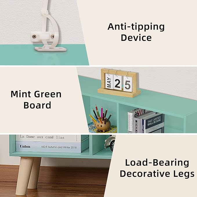 LEYAOYAO 8 Cube Bookshelf 3-Tier Bookcase with Legs, Mint-Green Kids Book Shelf Cute Storage Organizer, Large Open Toy Shelves Modern Bookshelves,Display Bookcases for Bedroom,Living Room,Nursery