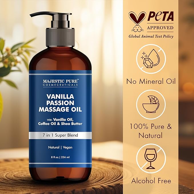 MAJESTIC PURE Vanilla Passion Massage Oil for Massage Therapy - Refreshing, and Relaxing - Natural Oils with Vanilla Oil, Coffee Oil & Shea Butter - for All Skin Types - Men and Women - 8 fl oz