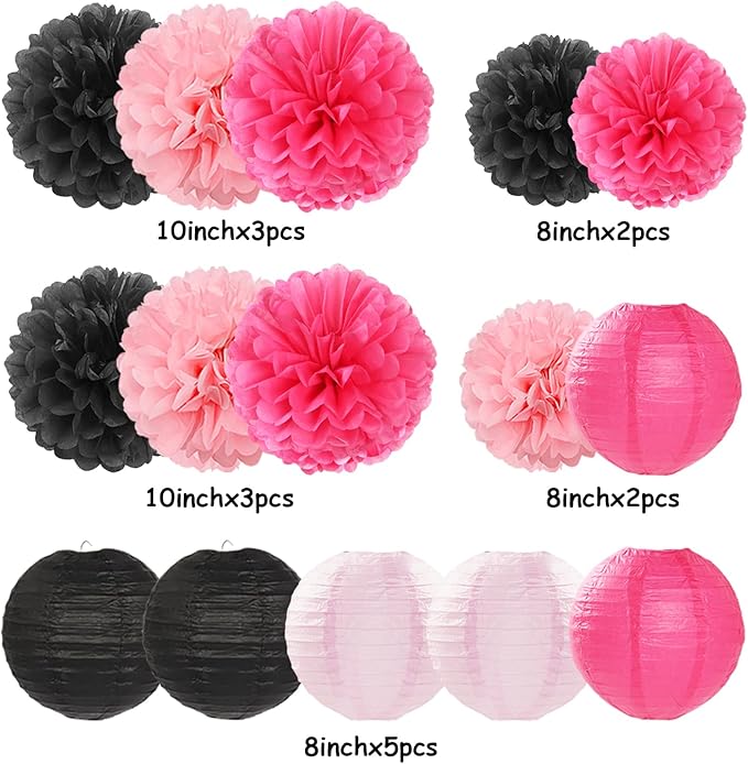 Hot-Pink Black Party-Decorations Paper Flowers Lanterns - 15PCS Graduation Birthday Tissue Pom Poms Streamers,Baby Girl Women Bachelorette Hanging Supplies Decor Hugfond