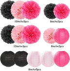 Hot-Pink Black Party-Decorations Paper Flowers Lanterns - 15PCS Graduation Birthday Tissue Pom Poms Streamers,Baby Girl Women Bachelorette Hanging Supplies Decor Hugfond