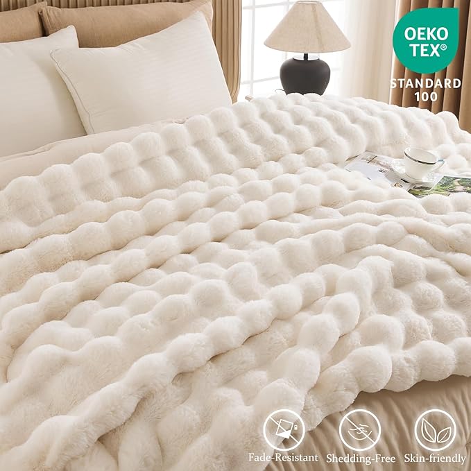 Cozy Faux Fur Throw Blanket for Bed-Warm Fuzzy Throw Blanket, Soft Plush Thick Bubble Blankets for Bedroom and Living Room, Furry Luxury Blanket, 90 x 108, Cream