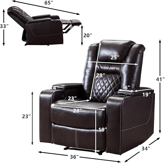 CANMOV Electric Power Recliner Chair with USB Ports and Cup Holders, Breathable Leather Home Theater Seating with Hidden Arm Storage (Brown)