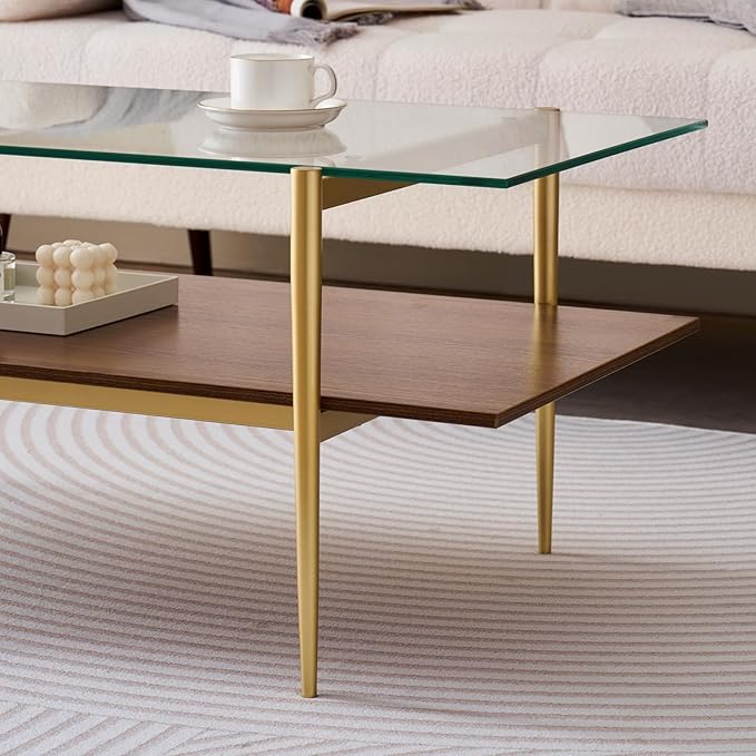 Rectangle Coffee Table, Mid-Century Modern Design, L41 W21 x H17, for Living Room, 2-Tier Structure, Clear Glass Top and Walnut MDF Shelf, Sleek Conical Metal Legs with Gold Finish