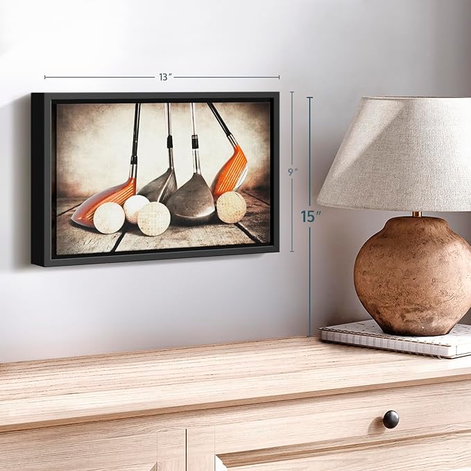 ElephantStock Golf Sets Wall Art - Horizontal Framed Canvas - 1-Piece Mancave Wall Decor - Photography Sports Canvas Print - Yellow and Brown Decor for Wall - 13" X 9"