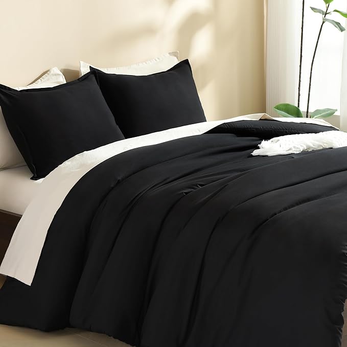 Litanika Black Comforter Full Size, 3 Pieces Boho Lightweight Solid Bedding Comforter Set, All Season Fluffy Bed Set (79x90In Comforter & 2 Pillowcases)