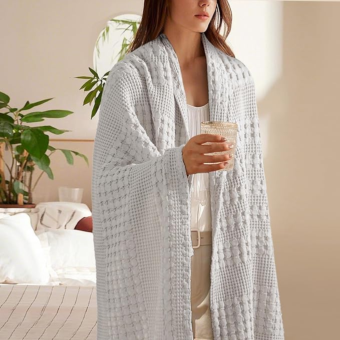 PHF 100% Cotton Waffle Weave Throw Blanket, Soft Lightweight Breathable Cozy Summer Throws for Couch Bed Sofa, Luxury Aesthetic Woven Blanket for Home Decor & Office, 50"x60", Light Grey