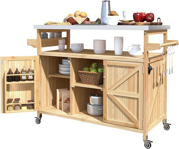 Outdoor Grill Table with Stainless Steel Top, Farmhouse Solid Wood Kitchen Island Cart with Internal Storage Rack, Outdoor Bar Cart with Storage Cabinet, Spice & Towel Rack, Natural