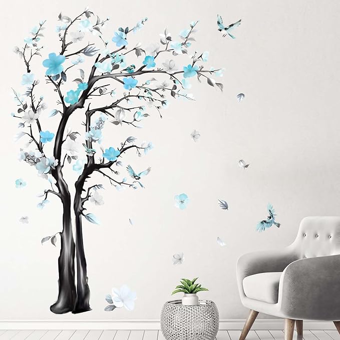 Large Watercolor Tree Wall Decals - Flower Tree Branch Wall Stickers - Bedroom Living Room Sofa TV Background Home Wall Decor