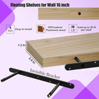 IAE Floating Wall Shelves 16 inch,Bathroom Shelves Wall Mounted,Invisible Shelves Floating Kitchen Shelves,Wooden Wall Shelves with Brackets for Living Room Wall Mounted,Easy Install,Set of 2,Natural