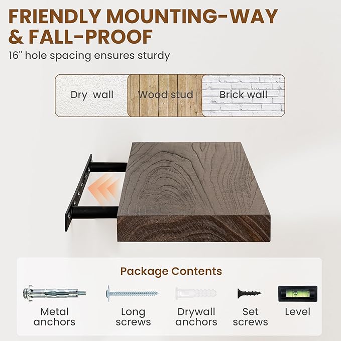 40 Inch Floating Shelves for Wall, Rustic Elm Wood Shelf for Home Decor, Heavy-Duty Wooden Floating Shelves for Kitchen, Wall Mounted Storage Shelves for Bathtoom, Living Room, Walnut Color, Set of 1